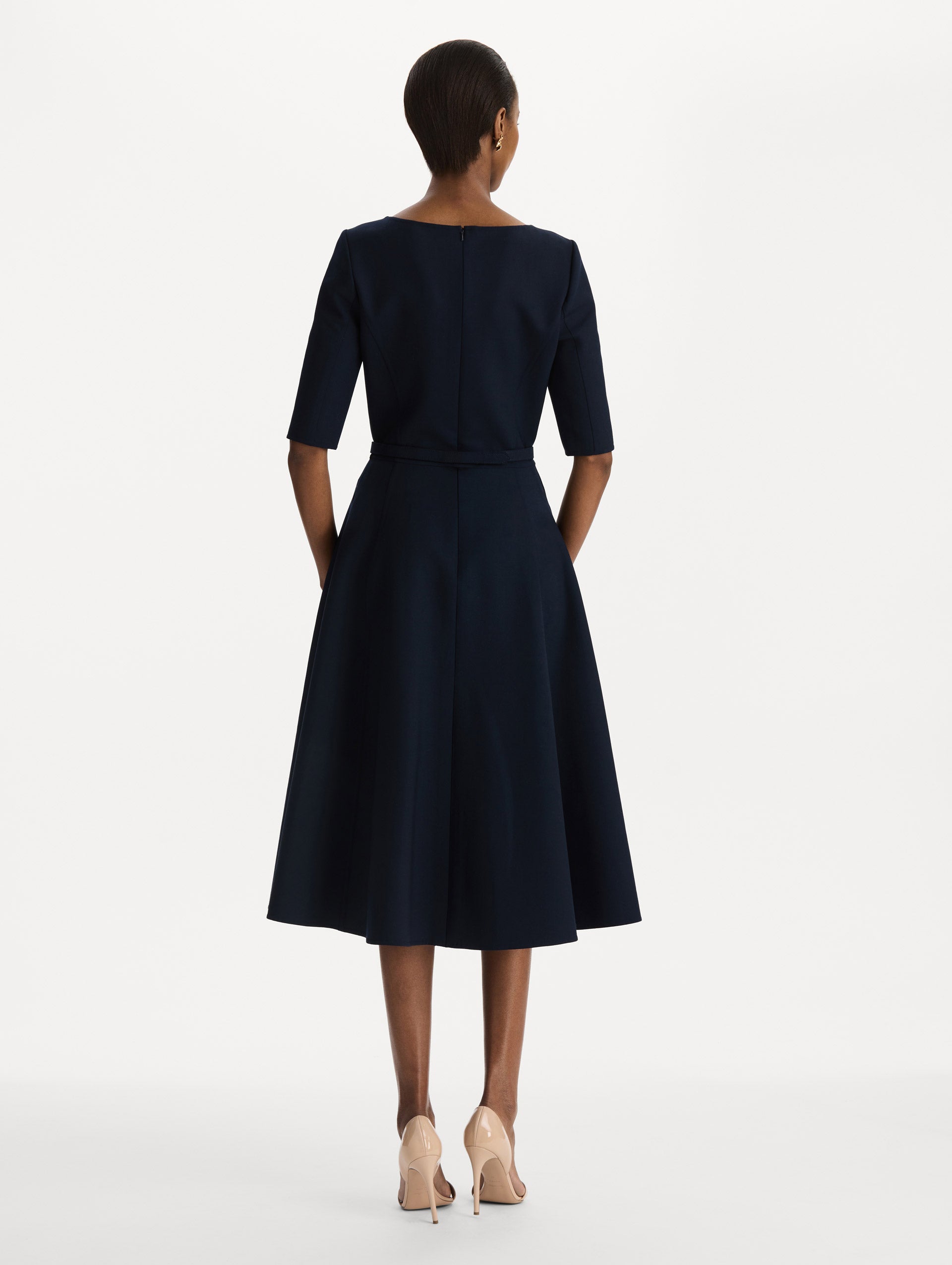 Pineapple Belt Wool Dress in Navy. Back view.