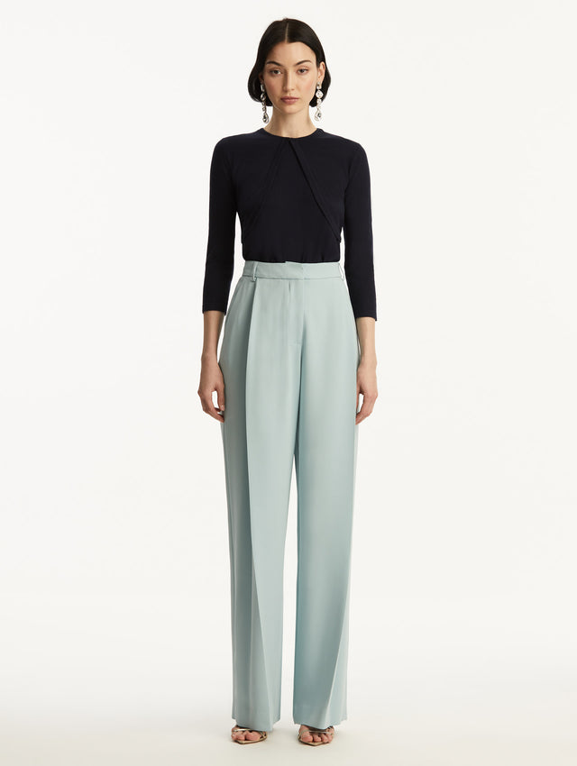 Wool-Blend Navy Bolero, Styled with Baby Blue Pants. Front View