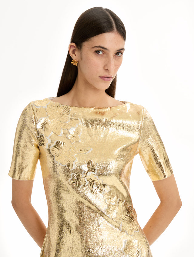 Metallic gold sleeveless mini dress with cherry blossom lace embroidery. Zoom view.