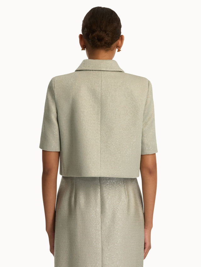 Front view of grey tweed short sleeve jacket. Back view.