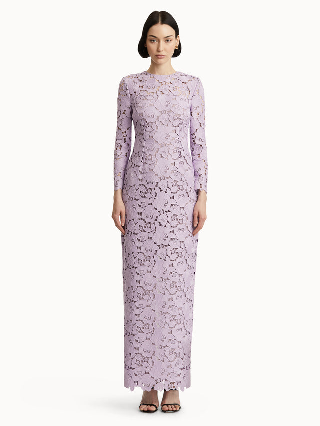 Lilac English Rose Guipure Gown with Long Sleeves Front View