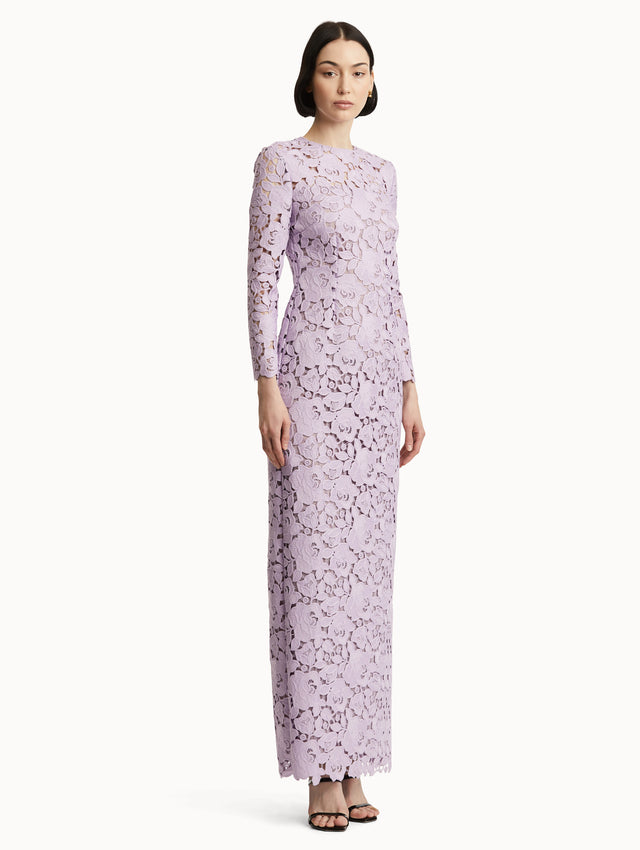 Lilac English Rose Guipure Long Sleeve Gown Side View