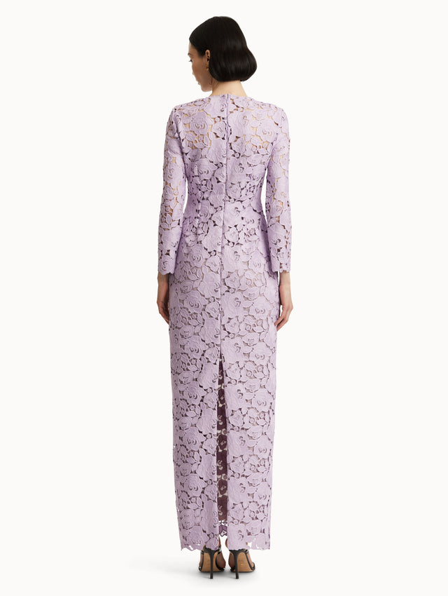 Lilac English Rose Guipure Long Sleeve Gown Back View