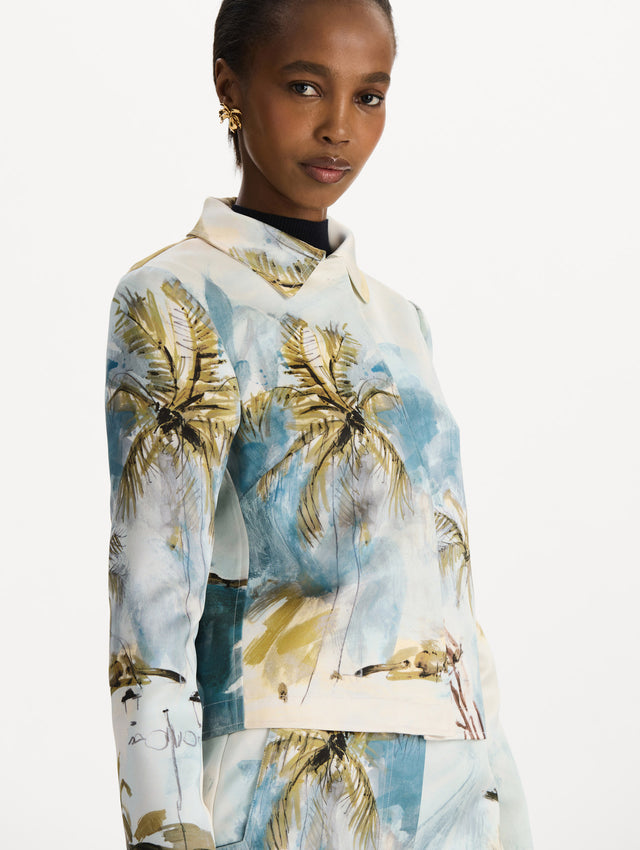 Dominican Landscape Shorts in Blue Green Multi Print. Zoom View.