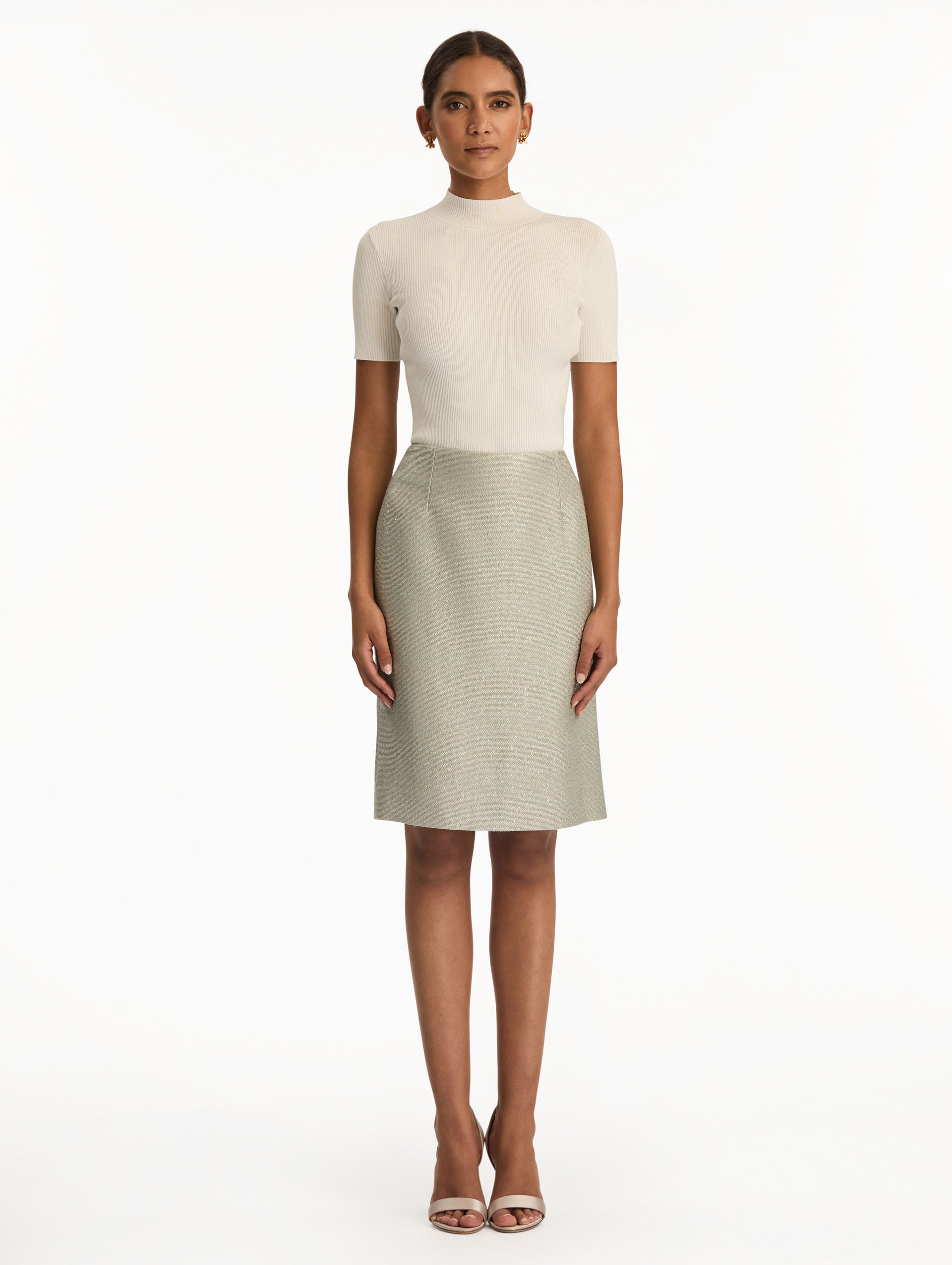 Sequin Tweed Pencil Skirt in Pewter. Front View.