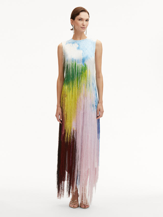 Abstract Watercolor Fringe Cocktail Sleeveless Maxi Dress Front View
