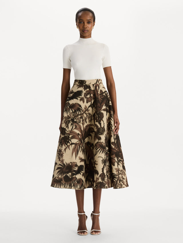 Chiné Palm Leaves Skirt in Espresso and Ivory print. Front View.