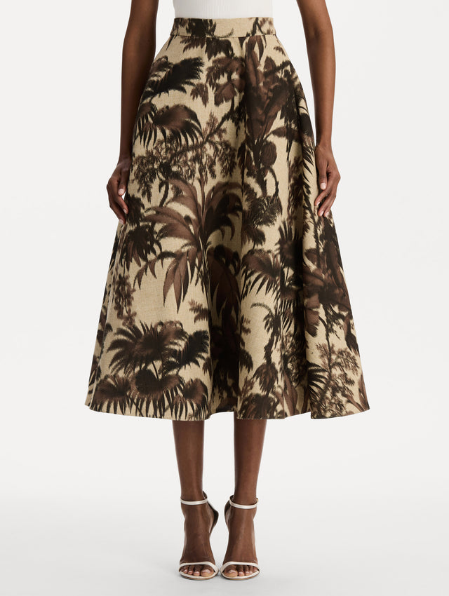 Chiné Palm Leaves Skirt in Espresso and Ivory print. Front view.