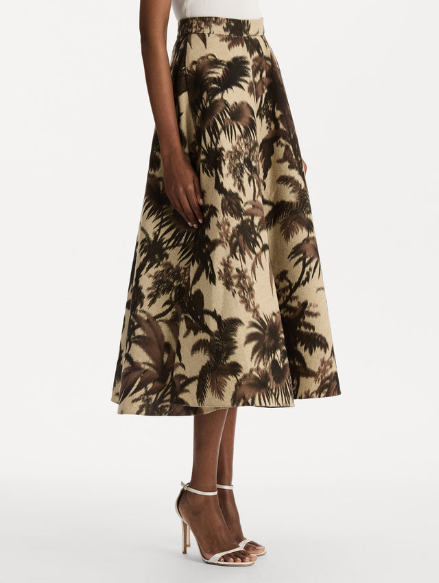 Chiné Palm Leaves Skirt in Espresso and Ivory print. Side view.