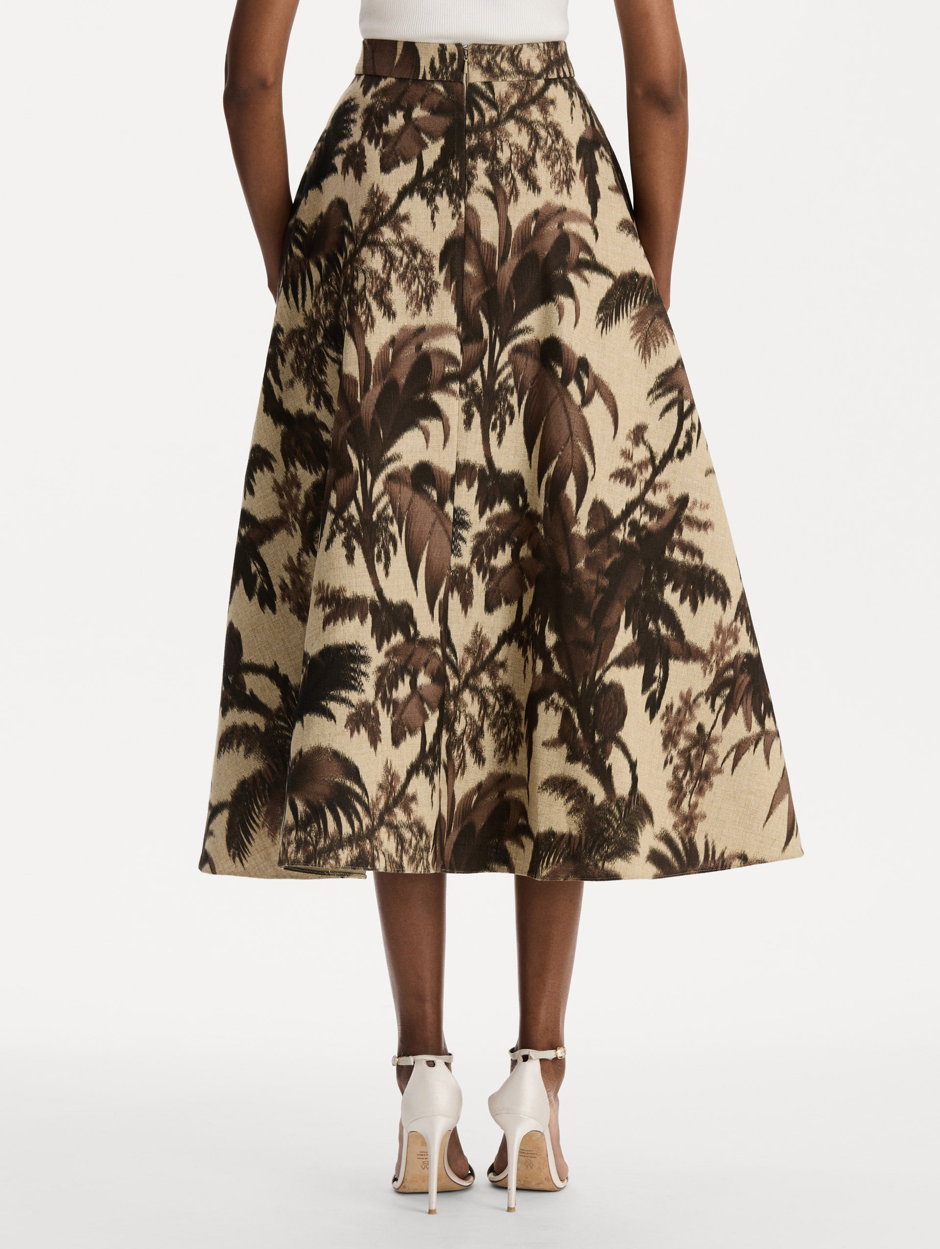 Chiné Palm Leaves Skirt in Espresso and Ivory print. Back view.