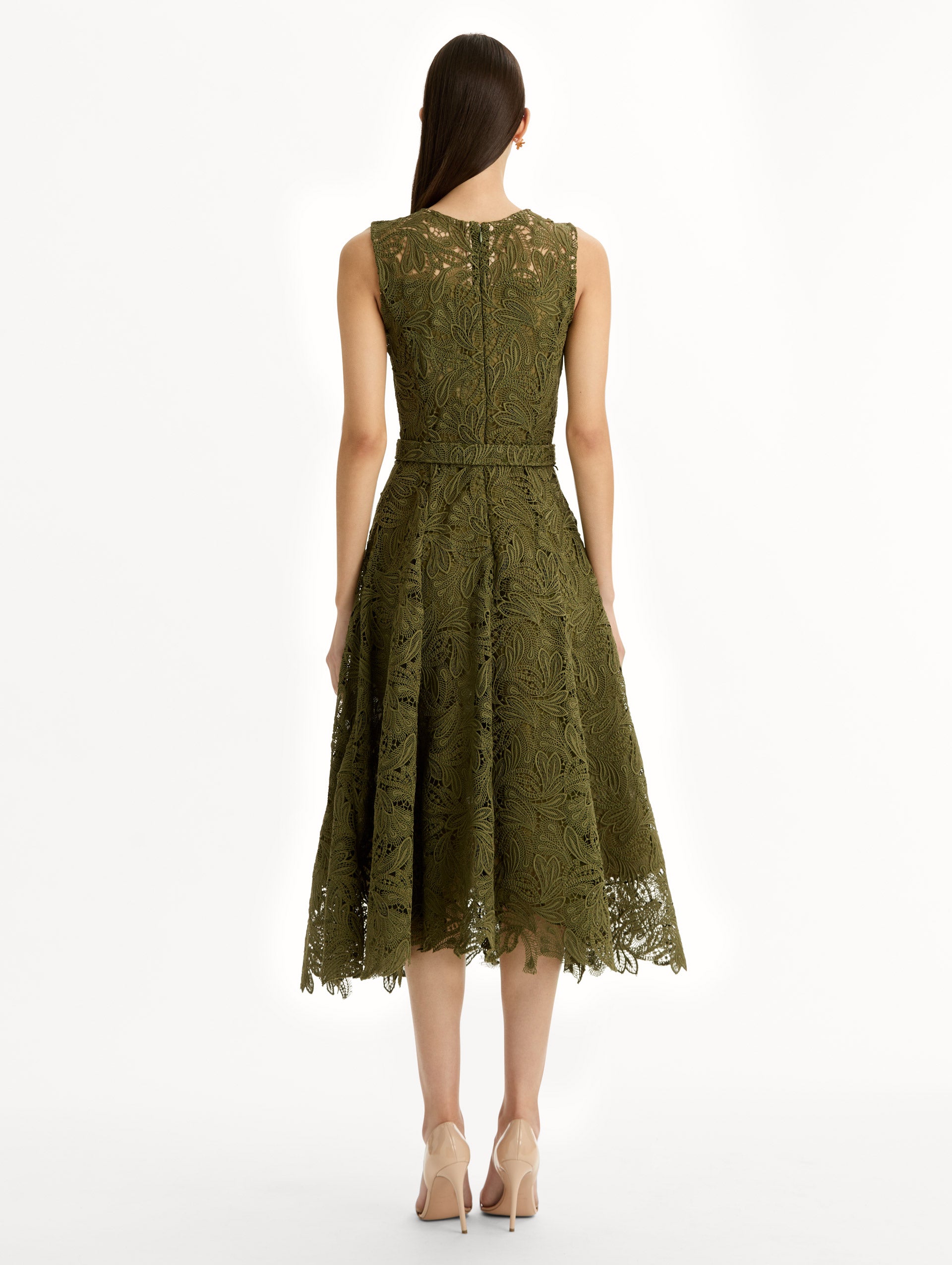 Moss Feather Scroll Guipure Dress with belted waist and sleeveless bodice. Back View.