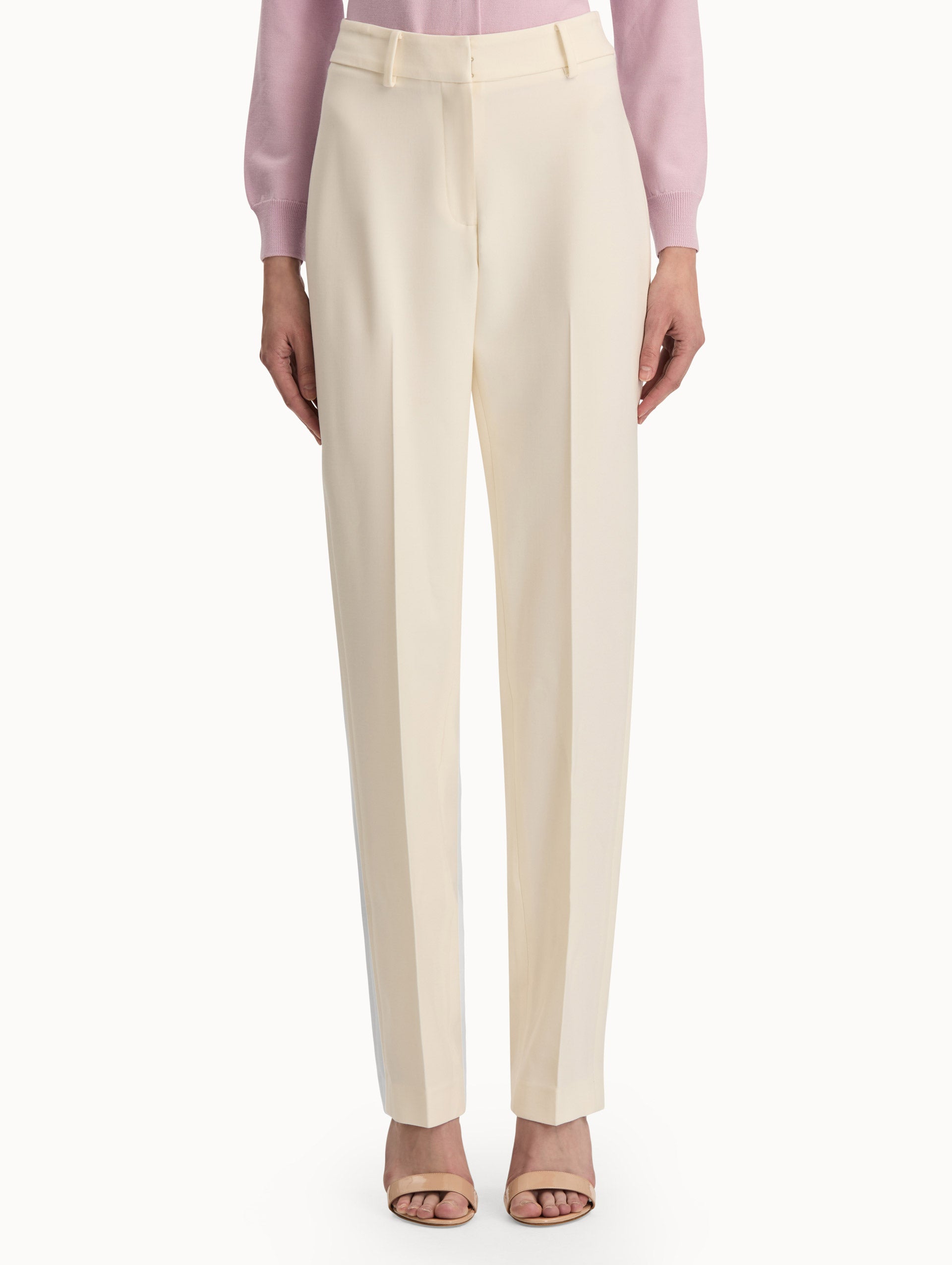 Front view of straight leg ivory pants. Front view.