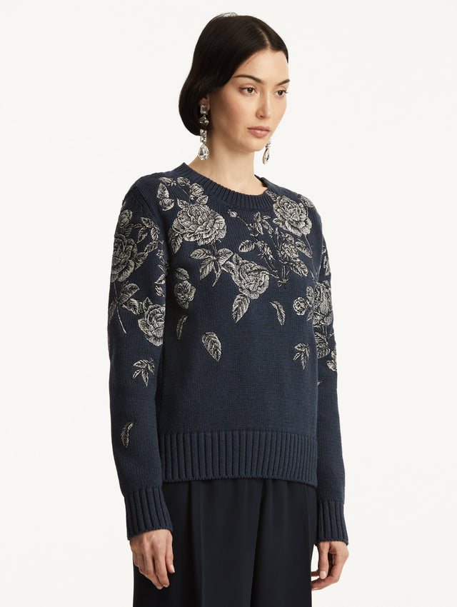 Grey Rose Embroidered Pullover Sweater, Styled with Black Pants. Side View