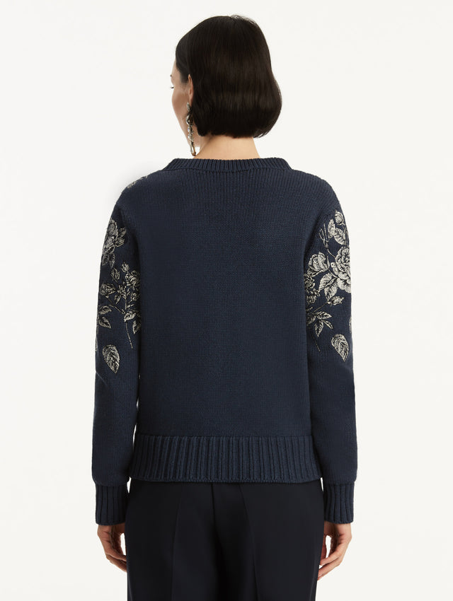 Grey Rose Embroidered Pullover Sweater, Styled with Black Pants. Back View