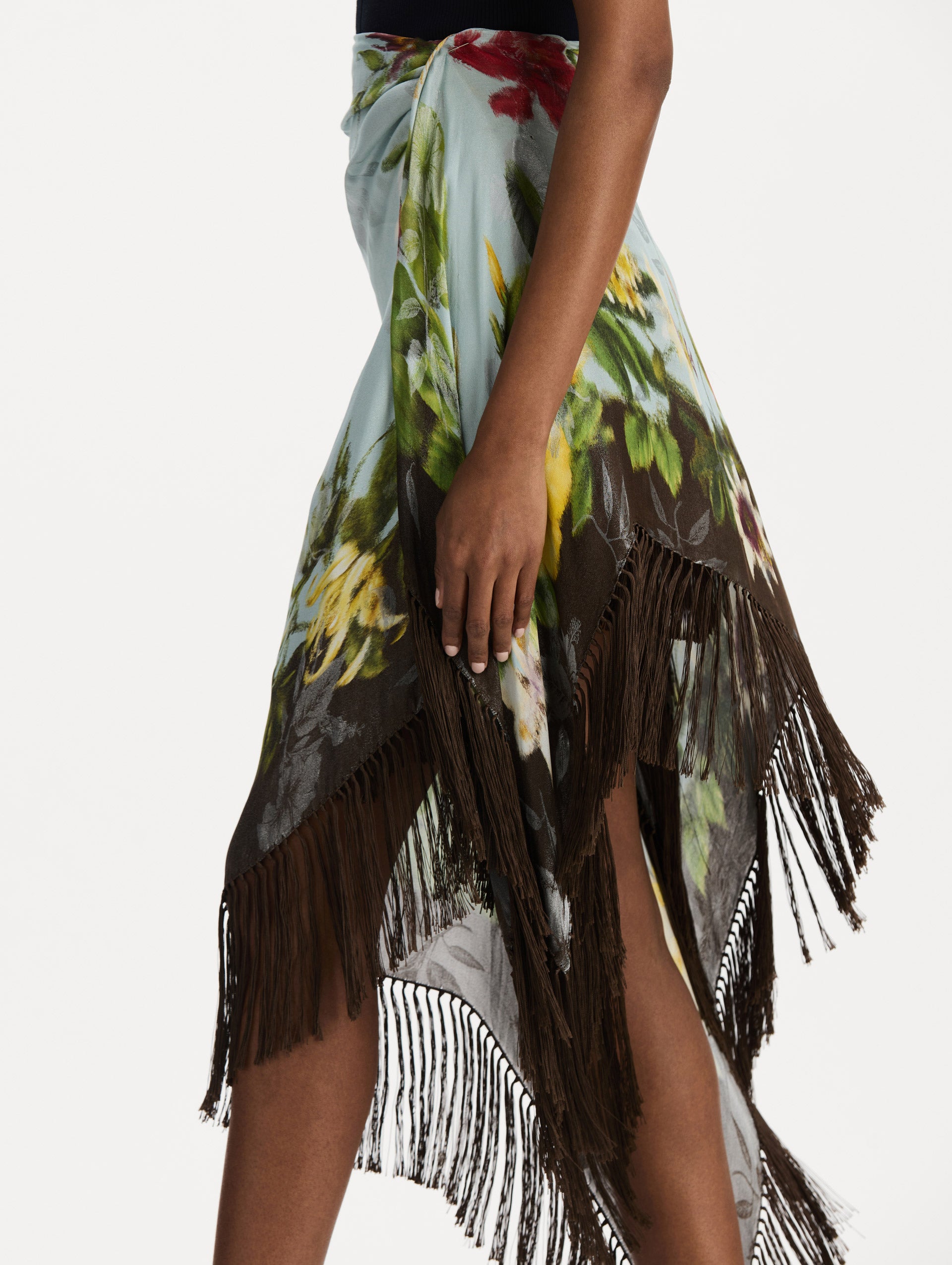 Dominican Mixed-Floral Fringe Skirt in Light Blue Multi. Zoom View.