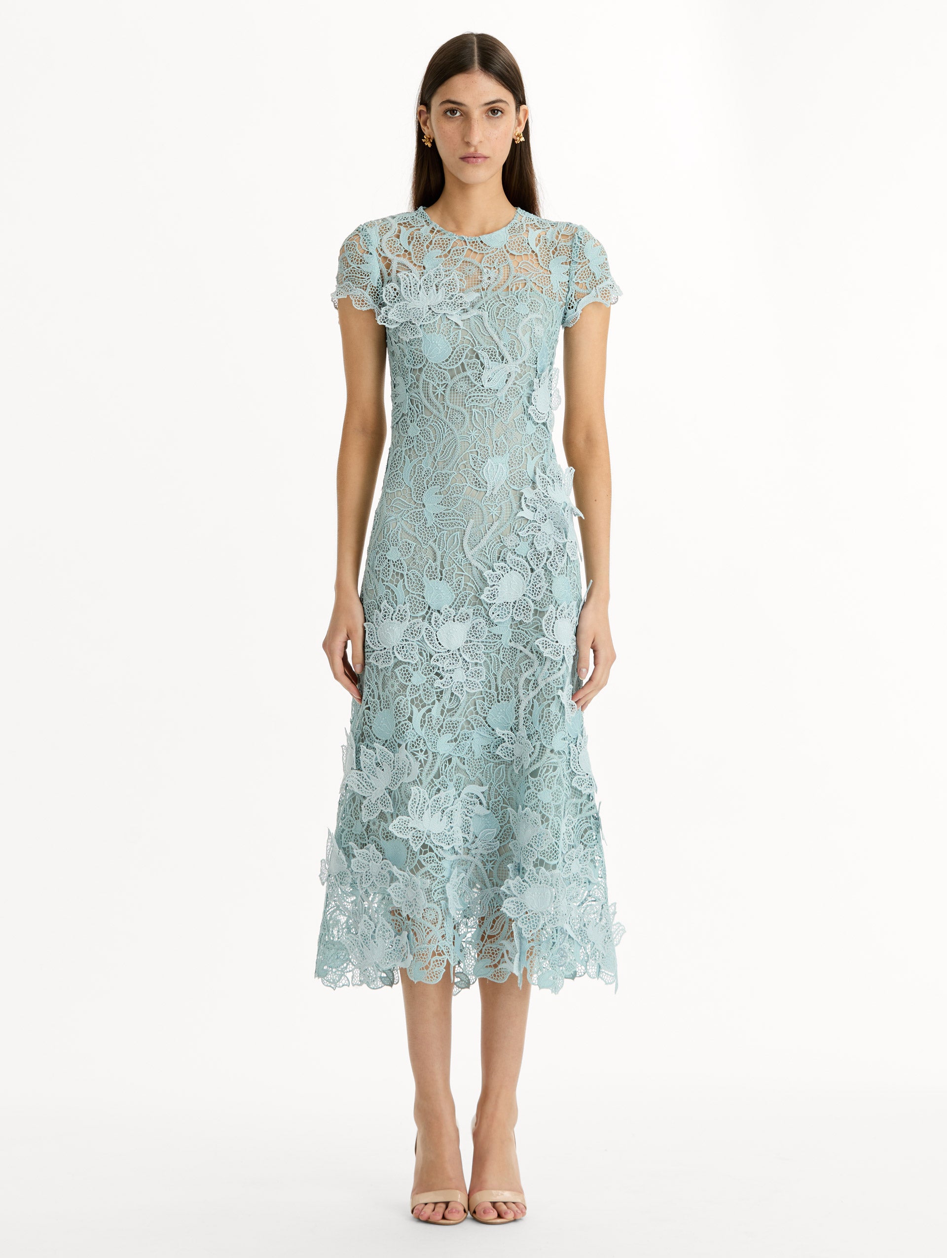 Blue Corded Botanical Guipure Dress with short sleeves and a sheer botanical overlay. Front View.