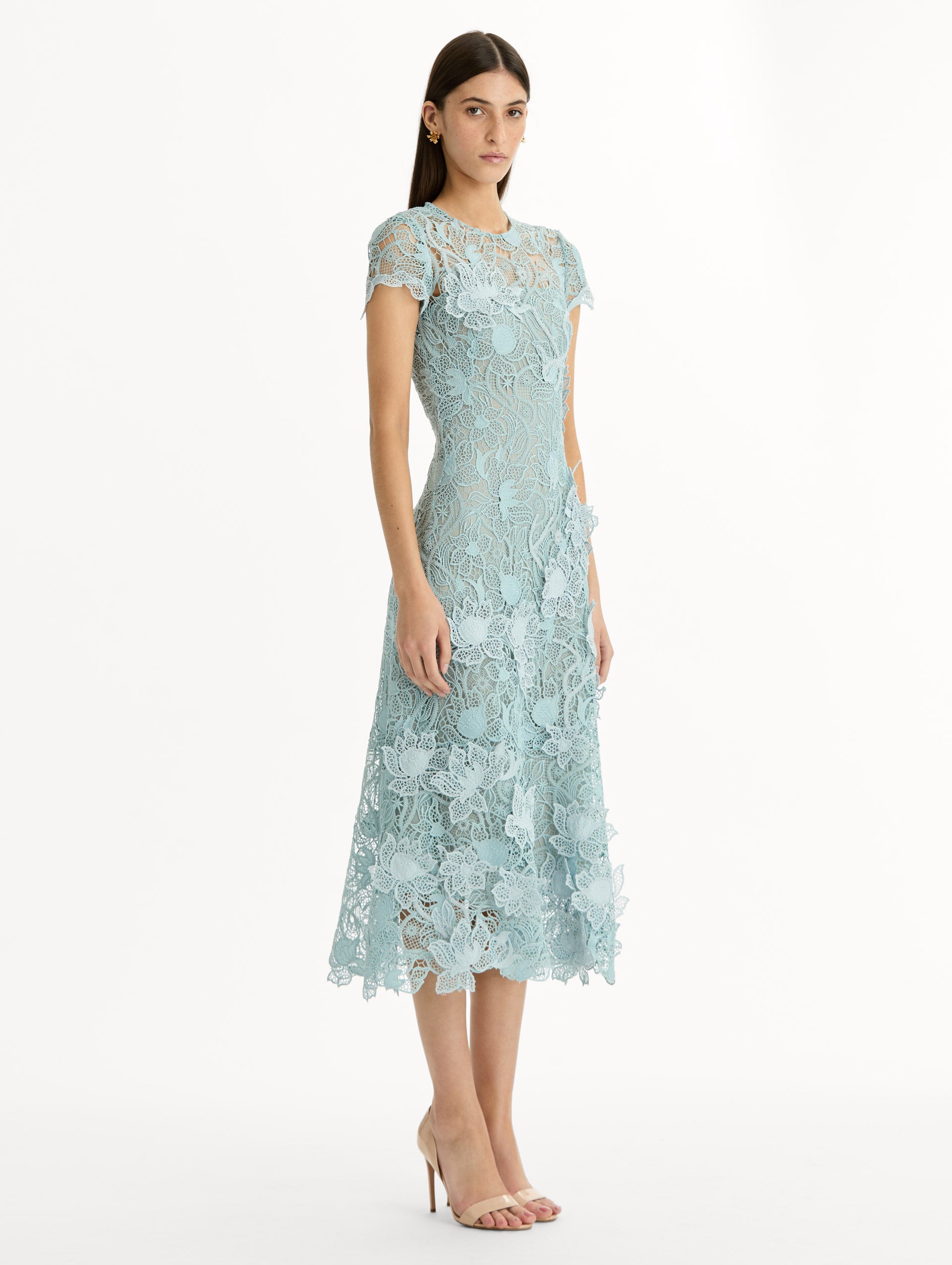 Blue Corded Botanical Guipure Dress with short sleeves and a sheer botanical overlay. Side View.