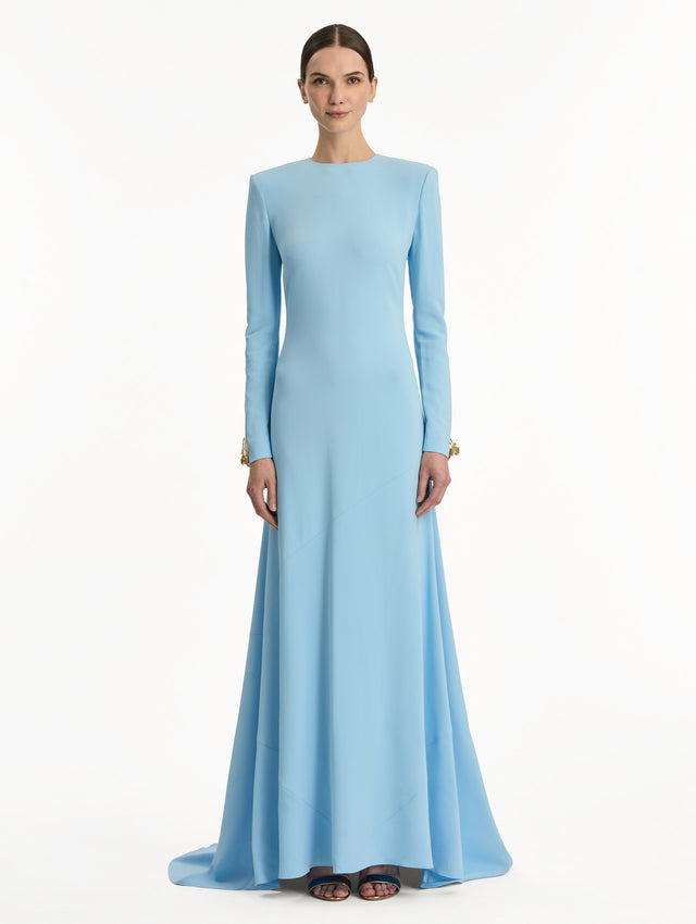 Blue quartz sequin tweed dress with fringe trim. Front view.