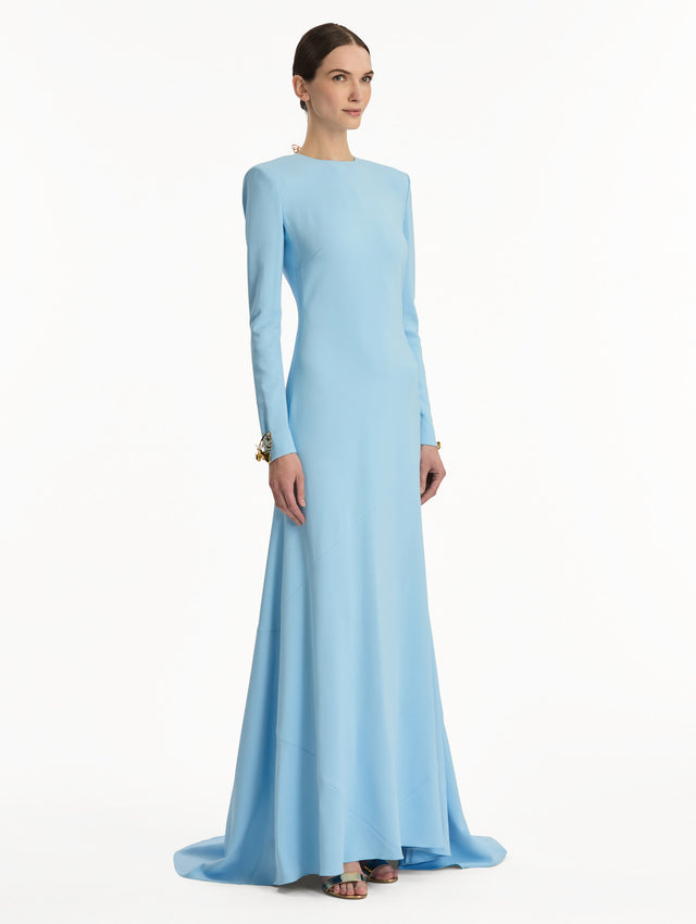 Blue quartz sequin tweed dress with fringe trim. Side view.