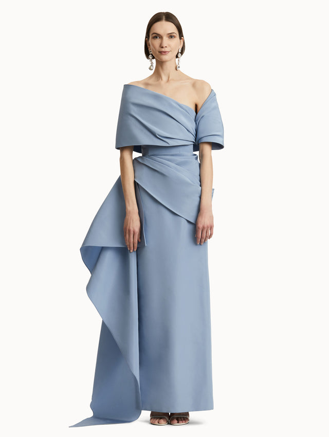 Light Blue Draped-Detail Faille Gown Front View