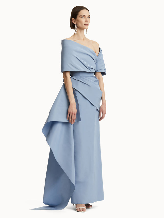 Light Blue Draped-Detail Faille Gown Side View