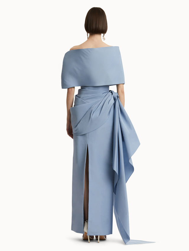 Light Blue Draped-Detail Faille Strapless Gown Back View