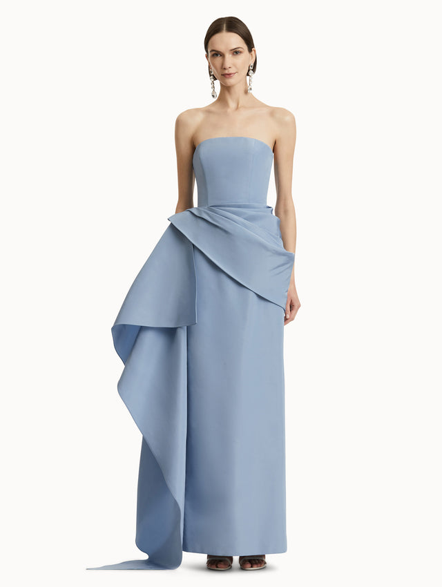 Light Blue Draped-Detail Faille Strapless Gown Front View