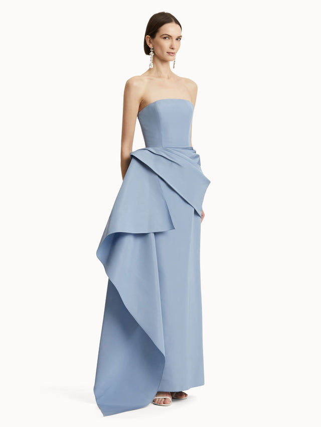 Light Blue Draped-Detail Faille Strapless Gown Side View
