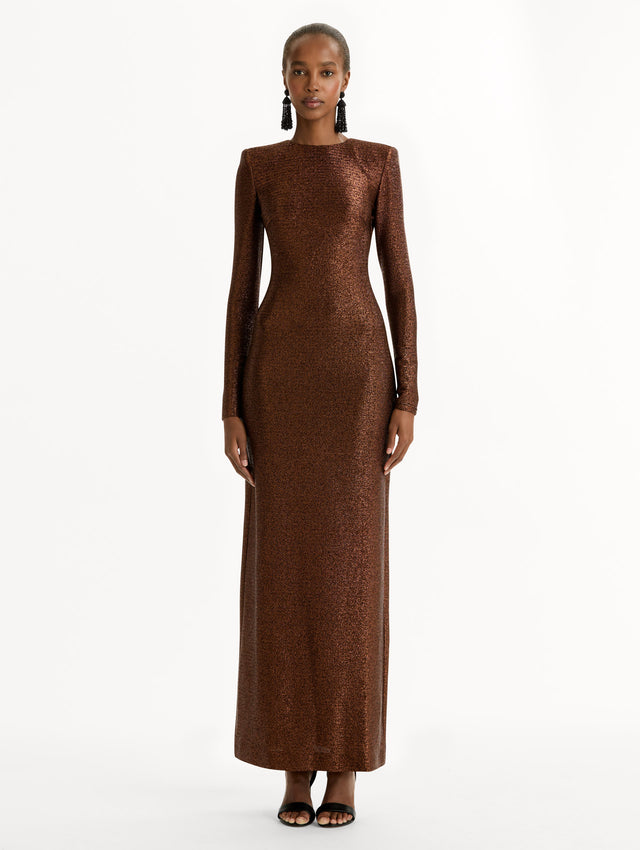 Espresso Lamé Column Gown with long sleeves and sparkle material. Front View.