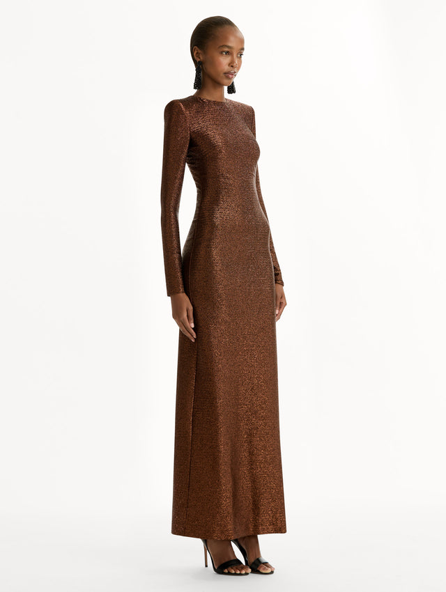 Espresso Lamé Column Gown with long sleeves and sparkle material. Side View.