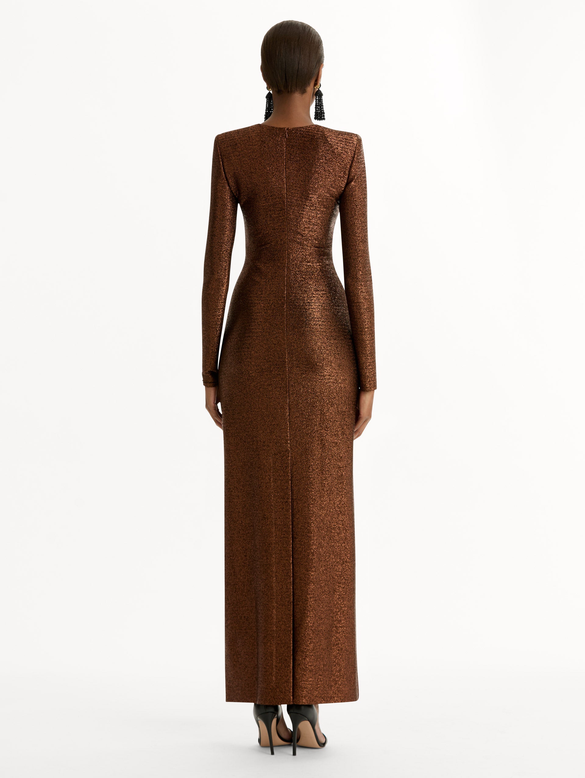 Espresso Lamé Column Gown with long sleeves and sparkle material. Back View.
