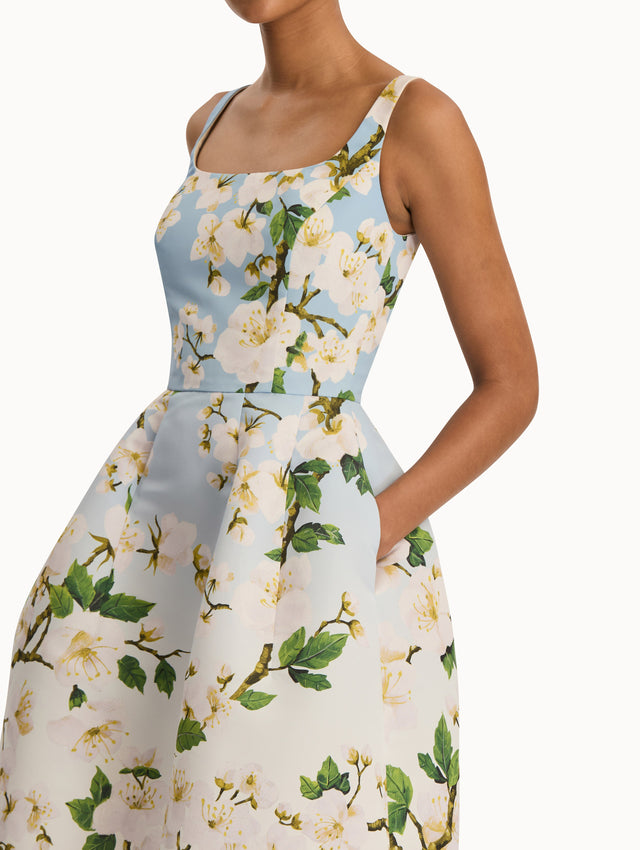 Front view of cherry blossom dress with a blue to white ombre. Zoom View.