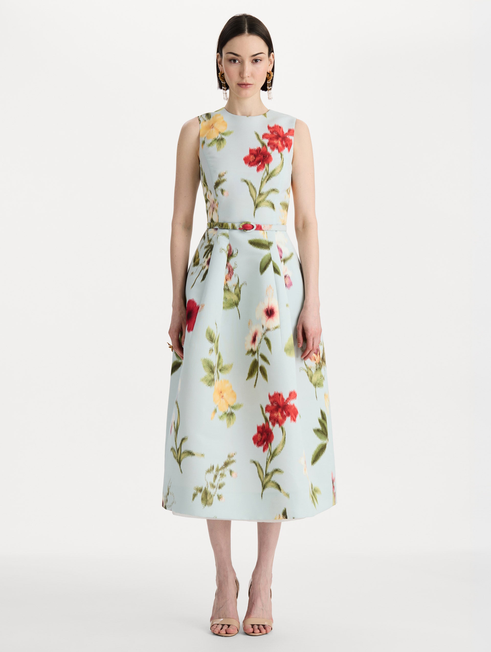 Chiné Dominican Mixed-Floral Faille Dress in Saltwater Multi. Front view.