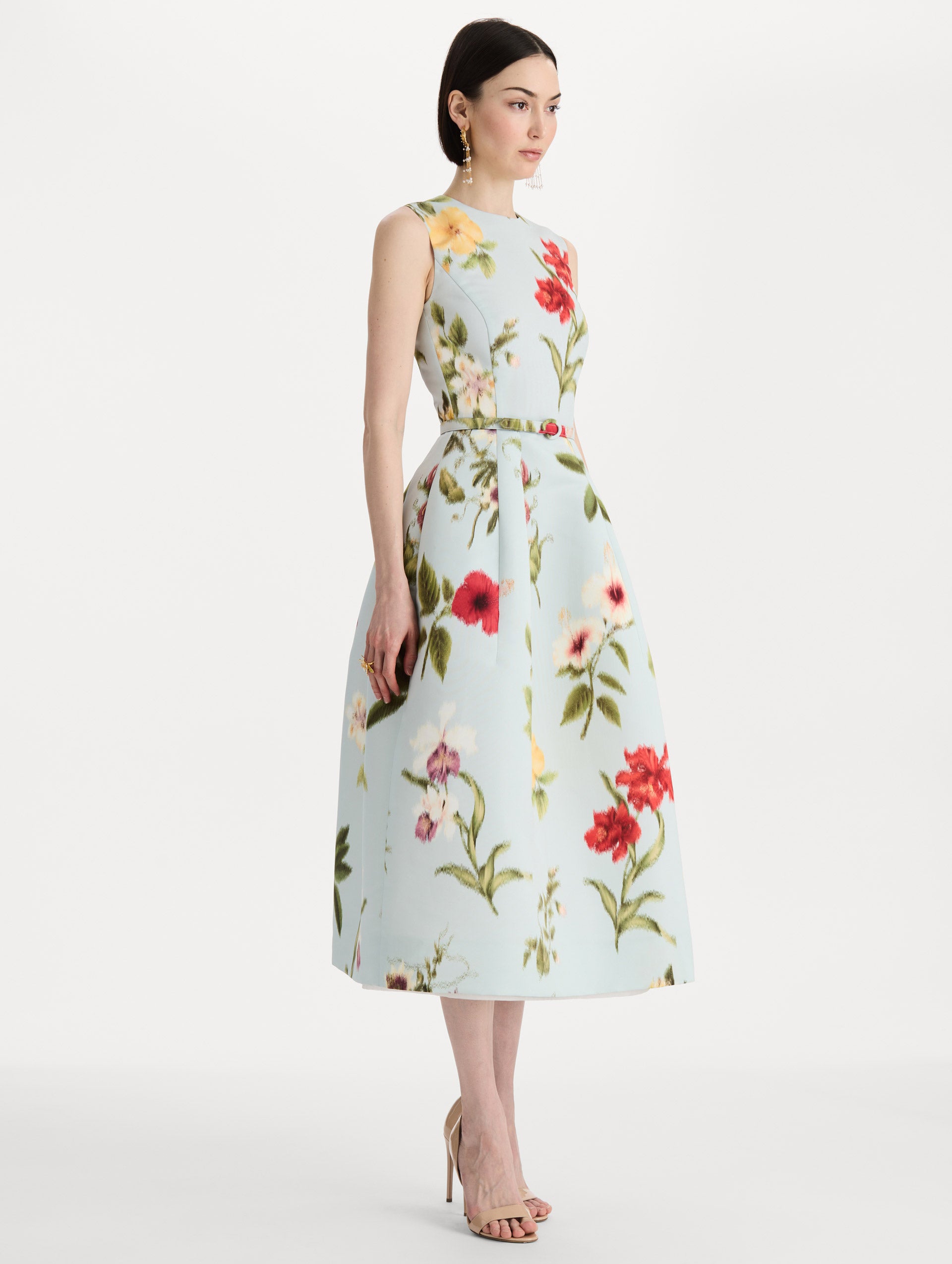 Chiné Dominican Mixed-Floral Faille Dress in Saltwater Multi. Side view.