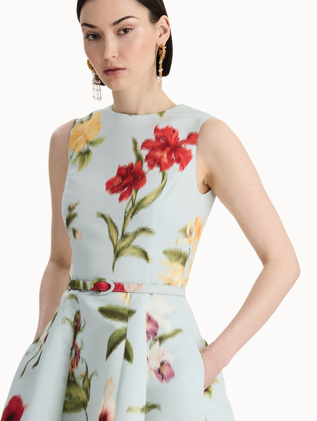 Chiné Dominican Mixed-Floral Faille Dress in Saltwater Multi. Zoom view.