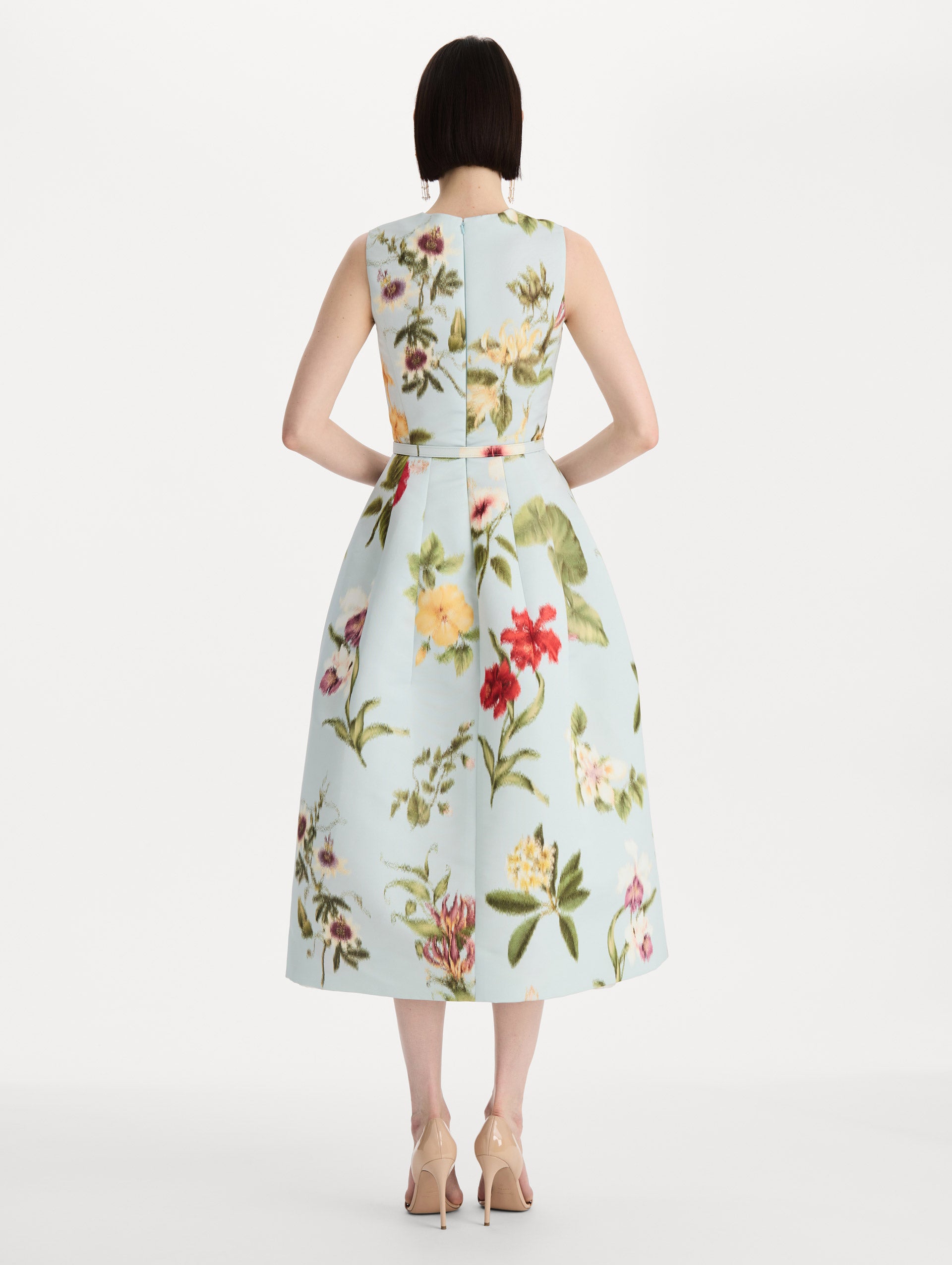 Chiné Dominican Mixed-Floral Faille Dress in Saltwater Multi. Back view.