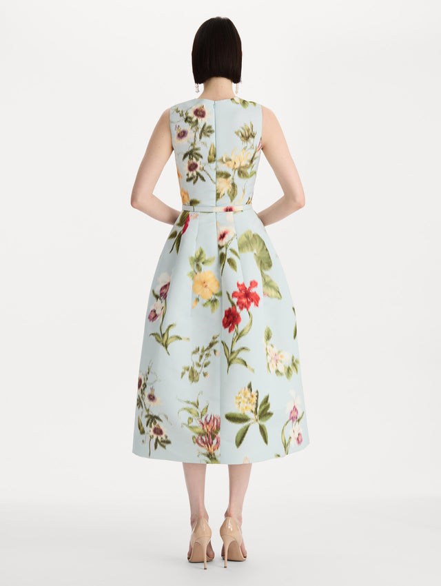 Chiné Dominican Mixed-Floral Faille Dress in Saltwater Multi. Back view.