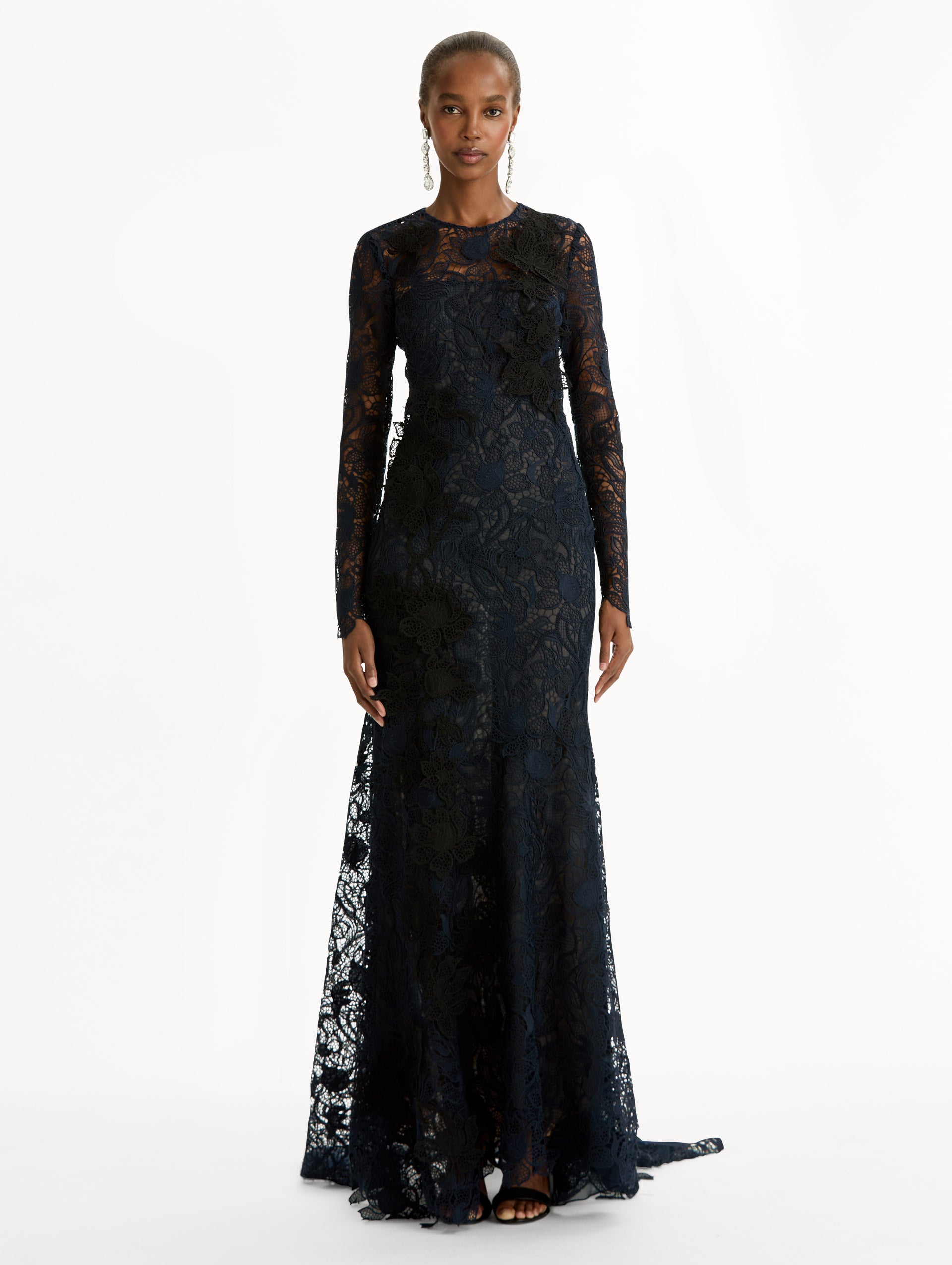Navy Corded Botanical Guipure Gown with long sleeves and a sheer lace overlay. Front View.