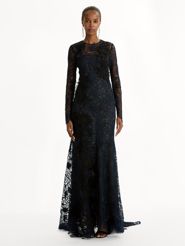 Navy Corded Botanical Guipure Gown with long sleeves and a sheer lace overlay. Front View.