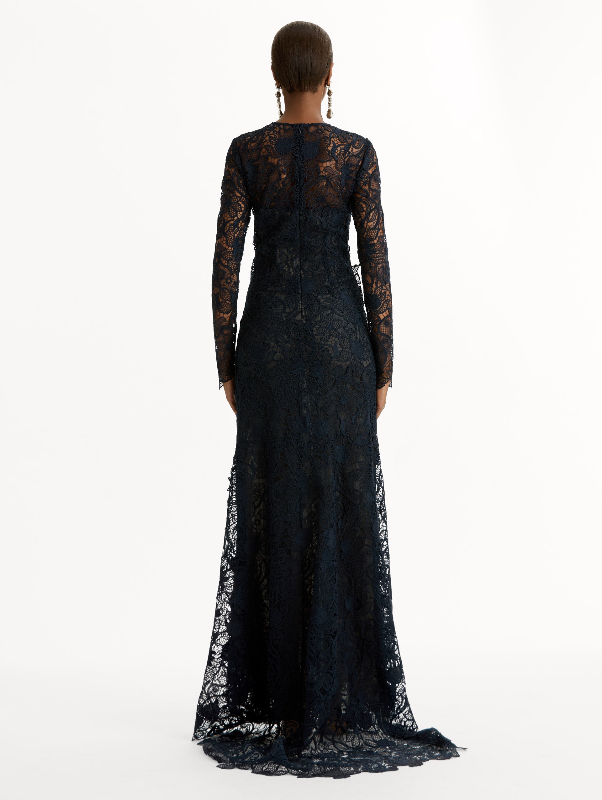 Navy Corded Botanical Guipure Gown with long sleeves and a sheer lace overlay. Back View.