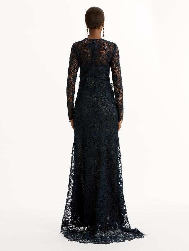 Navy Corded Botanical Guipure Gown with long sleeves and a sheer lace overlay. Back View.