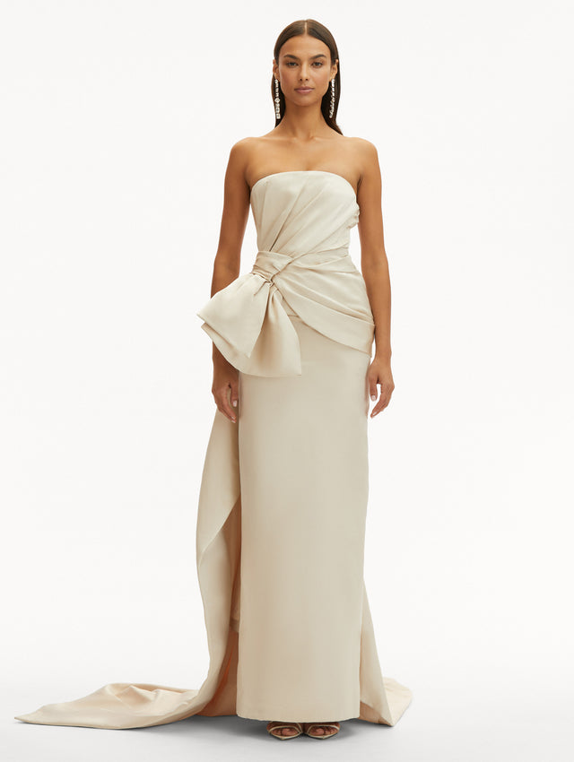 Champagne Bow Detail Trumpet Strapless Gown Front View