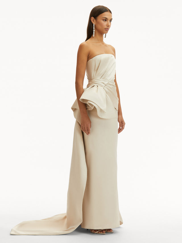 Champagne Bow Detail Trumpet Strapless Gown Side View