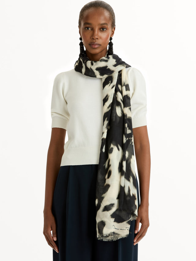 Cow Printed Foulard Scarf in Black and White Cow Print. Front View.