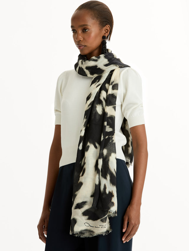Cow Printed Foulard Scarf in Black and White Cow Print. Side View.