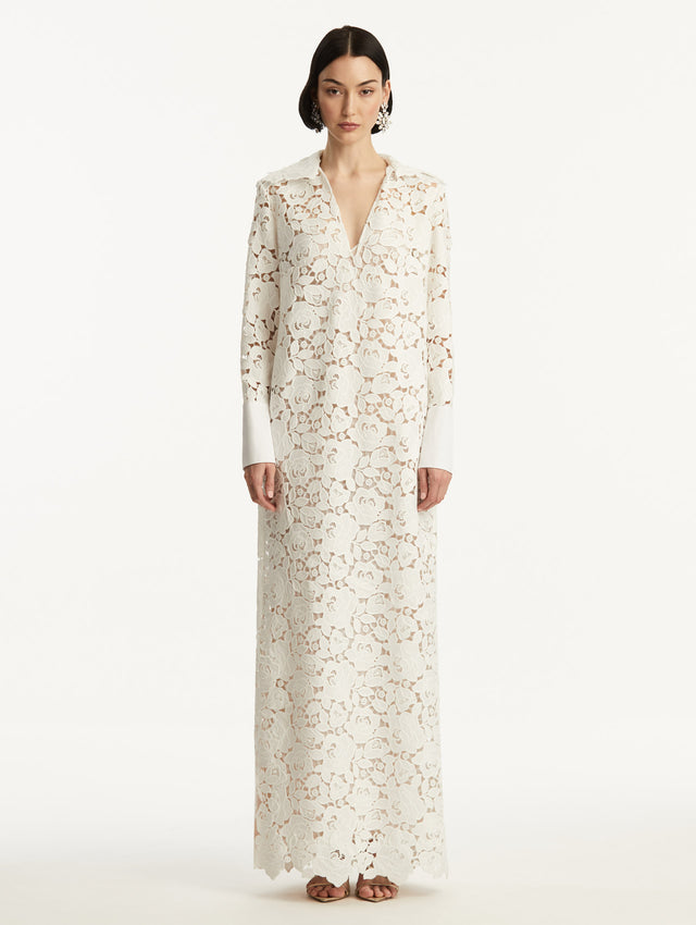 White English Rose Guipure Long Sleeve Gown with V-Neck Front View