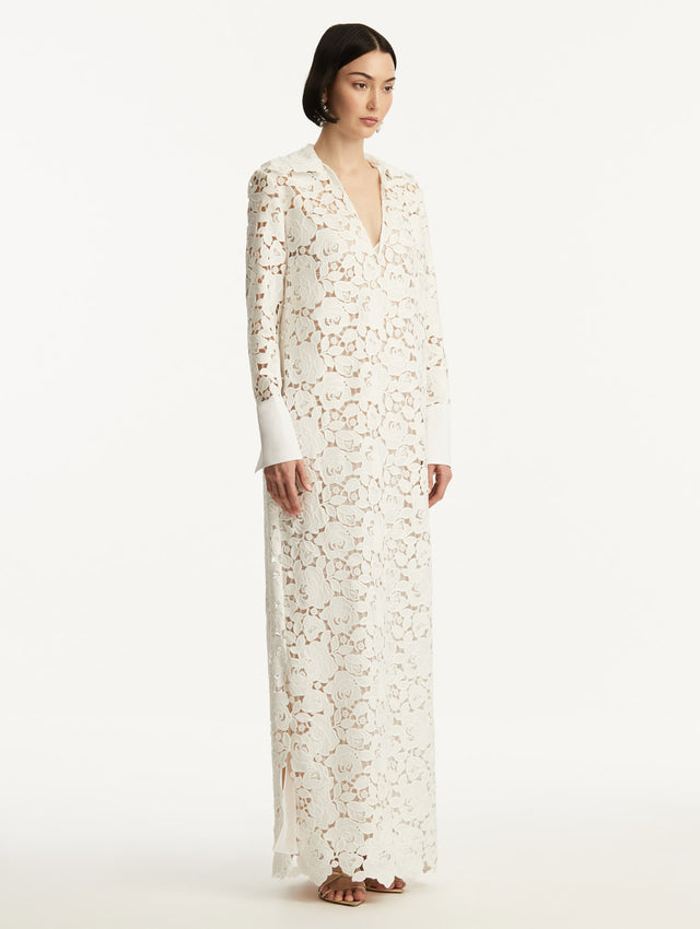 White English Rose Guipure Long Sleeve Gown with V-Neck Side View