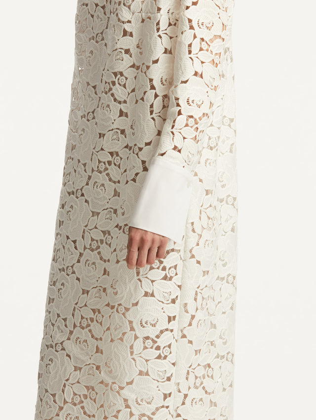 White English Rose Guipure Long Sleeve Gown with V-Neck Zoom View