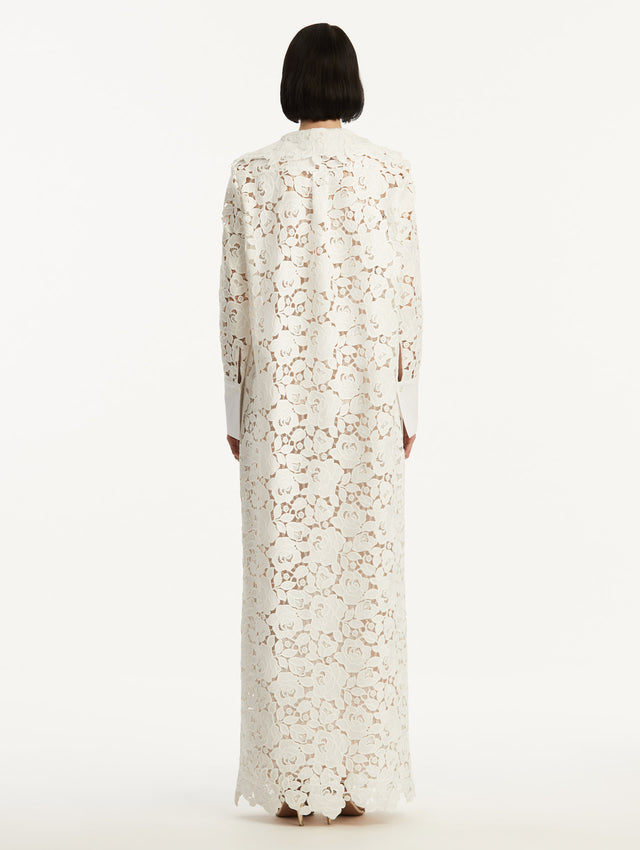 White English Rose Guipure Long Sleeve Gown with V-Neck Back View