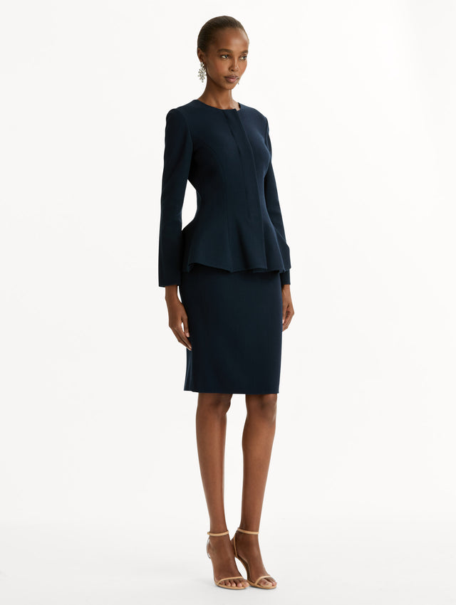 Peplum Wool-Blend Jacket in Navy. Side View.
